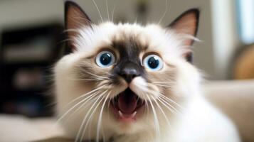 Close-up Photo of a funny shocked Birman sticking out his tongue. Generative AI