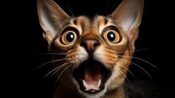 Close-up Photo of a funny shocked Abyssinian sticking out his tongue isolated on a black background. Generative AI