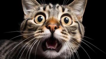 Close-up Photo of a funny shocked American Bobtail sticking out his tongue isolated on a black background. Generative AI