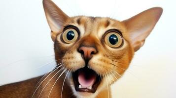 Close-up Photo of a funny shocked Abyssinian sticking out his tongue isolated on a white background. Generative AI