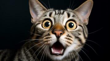 Close-up Photo of a funny shocked American Bobtail sticking out his tongue isolated on a black background. Generative AI