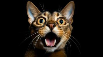 Close-up Photo of a funny shocked Abyssinian sticking out his tongue isolated on a black background. Generative AI