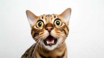 Close-up Photo of a funny shocked Bengal sticking out his tongue isolated on a black background. Generative AI