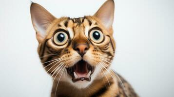 Close-up Photo of a funny shocked Bengal sticking out his tongue isolated on a black background. Generative AI