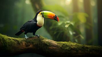 Photo of a Toucan standing on a fallen tree branch at morning. Generative AI