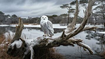 Photo of a Snowy Owl standing on a fallen tree branch at morning. Generative AI
