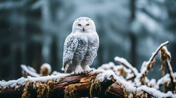 foto de un Nevado búho en pie en un caído árbol rama a Mañana. generativo ai