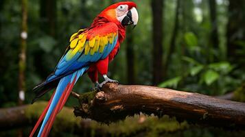 foto de un escarlata guacamayo en pie en un caído árbol rama a Mañana. generativo ai