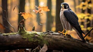 Photo of a Peregrine Falcon standing on a fallen tree branch at morning. Generative AI