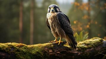 Photo of a Peregrine Falcon standing on a fallen tree branch at morning. Generative AI