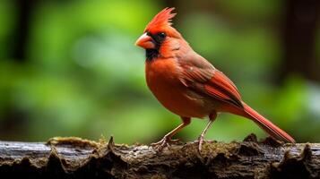 Photo of a Northern Cardinal standing on a fallen tree branch at morning. Generative AI