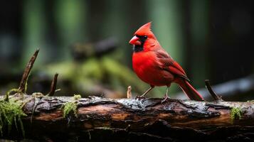 Photo of a Northern Cardinal standing on a fallen tree branch at morning. Generative AI