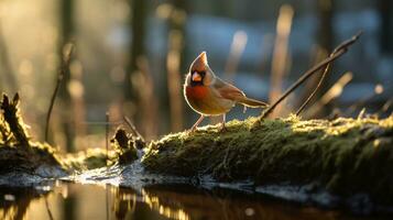 Photo of a Northern Cardinal standing on a fallen tree branch at morning. Generative AI