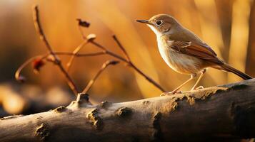 Photo of a Nightingale standing on a fallen tree branch at morning. Generative AI