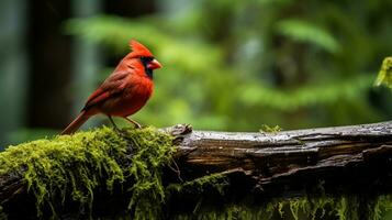 Photo of a Northern Cardinal standing on a fallen tree branch at morning. Generative AI