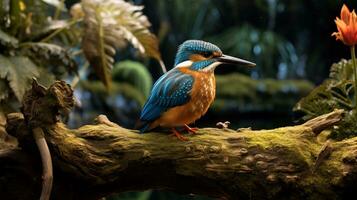 Photo of a Kingfisher standing on a fallen tree branch at morning. Generative AI
