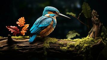 Photo of a Kingfisher standing on a fallen tree branch at morning. Generative AI