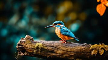 Photo of a Kingfisher standing on a fallen tree branch at morning. Generative AI