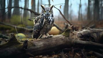 Photo of a Great Horned Owl standing on a fallen tree branch at morning. Generative AI