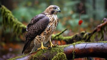 Photo of a Red-tailed standing on a fallen tree branch at morning. Generative AI