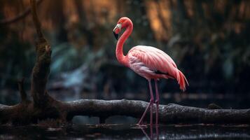 Photo of a Flamingo standing on a fallen tree branch at morning. Generative AI