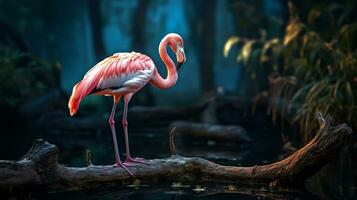 Photo of a Flamingo standing on a fallen tree branch at morning. Generative AI