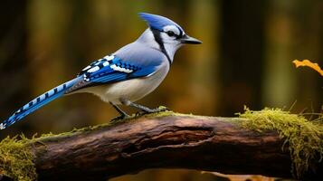 Photo of a Blue Jay standing on a fallen tree branch at morning. Generative AI