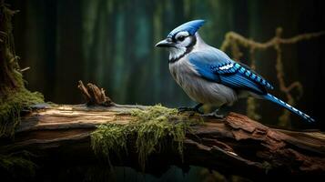 Photo of a Blue Jay standing on a fallen tree branch at morning. Generative AI