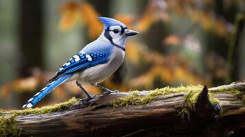 Photo of a Blue Jay standing on a fallen tree branch at morning. Generative AI