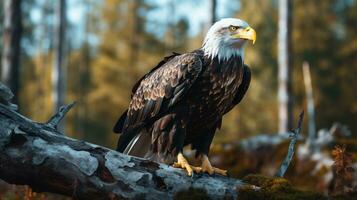 Photo of a Bald Eagle standing on a fallen tree branch at morning. Generative AI