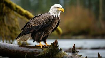 Photo of a Bald Eagle standing on a fallen tree branch at morning. Generative AI