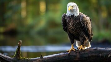 Photo of a Bald Eagle standing on a fallen tree branch at morning. Generative AI