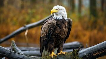 Photo of a Bald Eagle standing on a fallen tree branch at morning. Generative AI