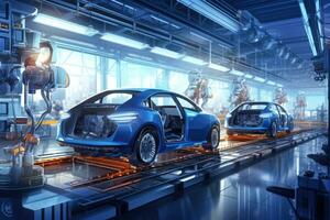 Modern car manufacturing factory, robotics in vehicle production photo