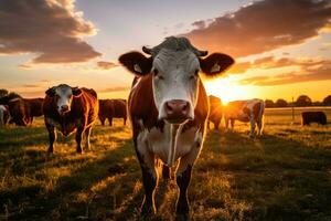 Cows grazing at sunset on a farm. photo