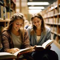 Universidad estudiantes leyendo libros en biblioteca para investigación. foto
