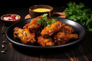 Baked chicken wings and legs in honey mustard sauce. photo