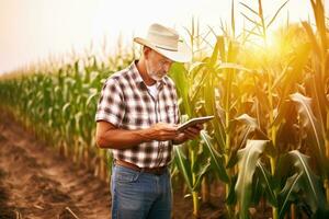 Male farmer using digital tablet while analyzing corn field photo