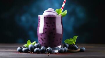 Blueberry smoothie selective focus detox diet food vegetarian food healthy eating concept. photo