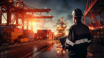 logística ingeniero controlar a el puerto, cargando contenedores para camiones exportar y importador logístico. foto