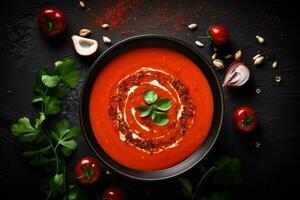 tomate gazpacho sopa con pimienta y ajo, Español cocina alimento. foto