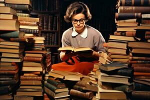 Student with stacks of books at desk in library photo