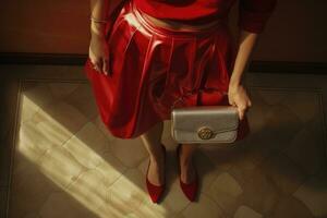 Beautiful slender women's legs, luxury handbag, skirt photo