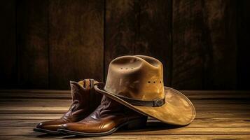 Cowboy boot and western hat on wooden background. photo