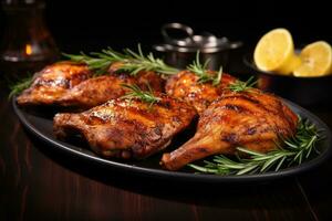 Appetizing grilled juicy chicken with golden brown crust served with lemon and rosemary photo