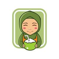 Hijab woman character carrying green coconut vector