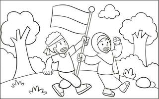 Coloring book of boy and girl holding flag vector