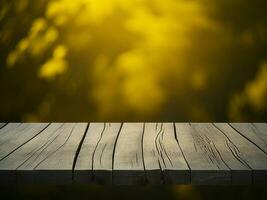 Wooden table and blur tropical Yellow Color background, product display montage. High quality photo 8k FHD AI generated