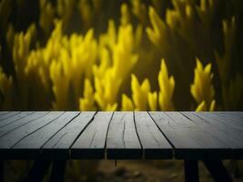 Wooden table and blur tropical Yellow Color background, product display montage. High quality photo 8k FHD AI generated