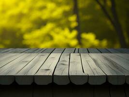 Wooden table and blur tropical Yellow Color background, product display montage. High quality photo 8k FHD AI generated